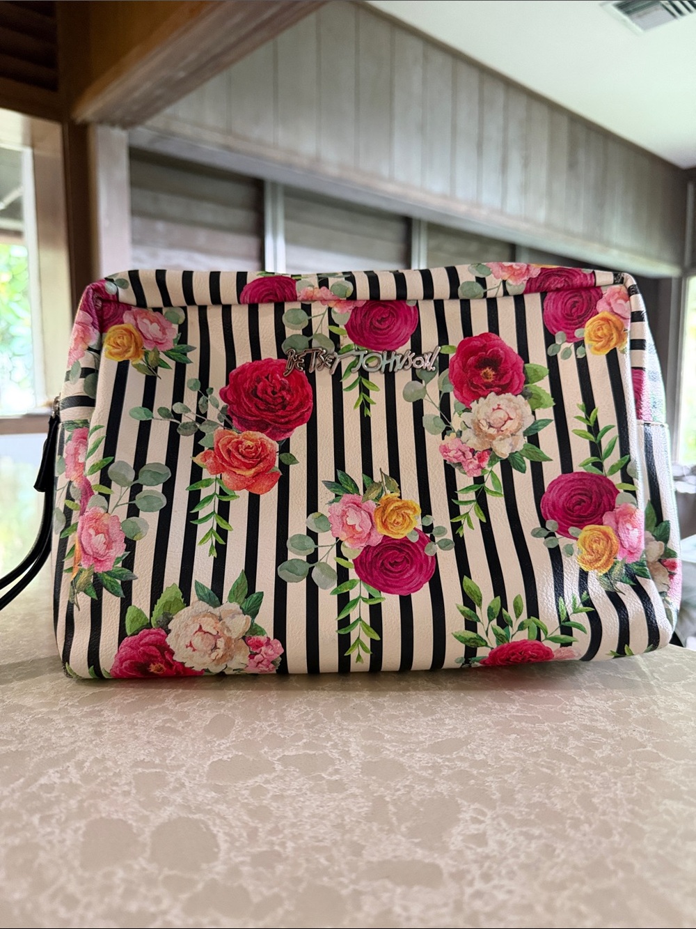 Betsey Johnson Black & White Striped Floral Wristlet Cosmetic Pouch